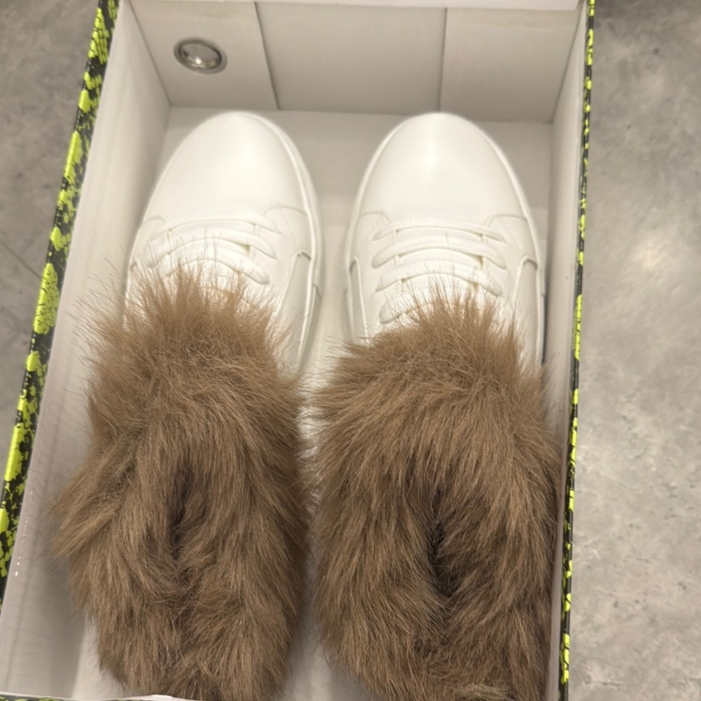 White Sneakers with Faux Fur Trim